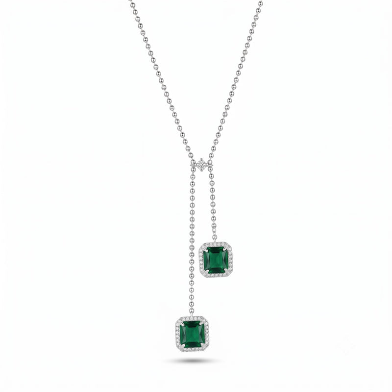 Silver Green Stone Lariat Necklace