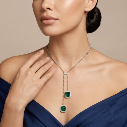 Silver Green Stone Lariat Necklace