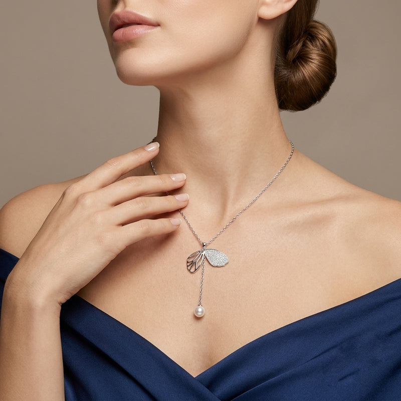 Silver Butterfly Pearl Necklace