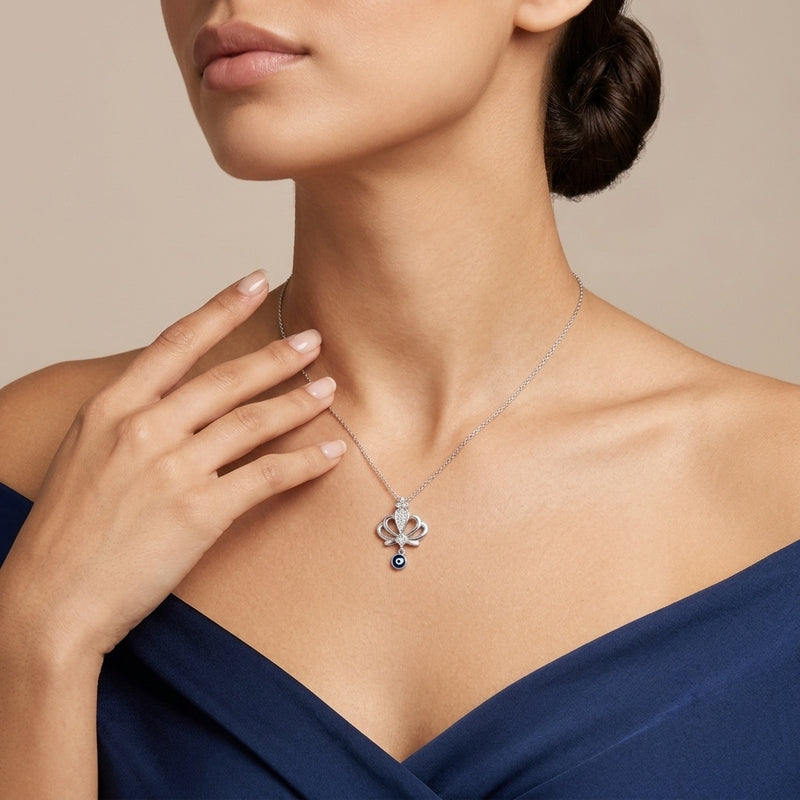 Silver Crown Evil Eye Necklace