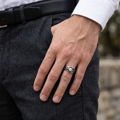  Silver Geometric Black Inlay Ring