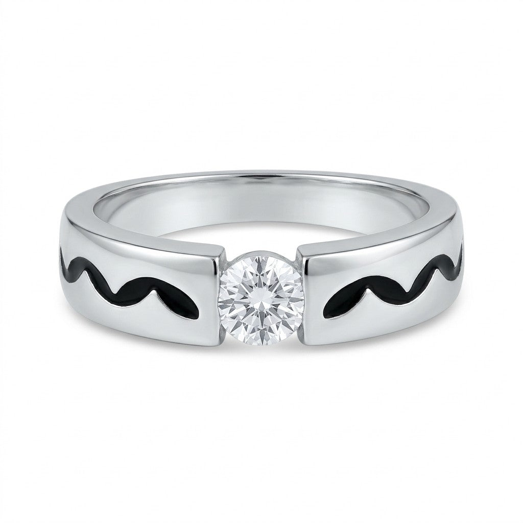  Silver Enamel Pattern Solitaire Ring