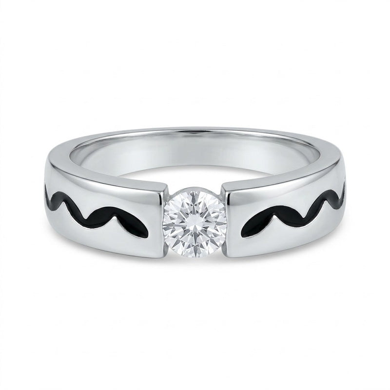  Silver Enamel Pattern Solitaire Ring