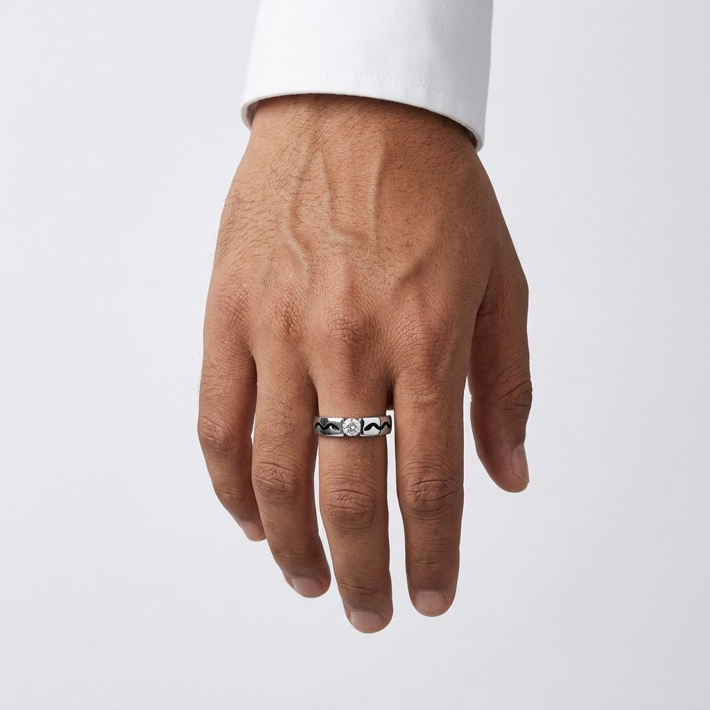  Silver Enamel Pattern Solitaire Ring