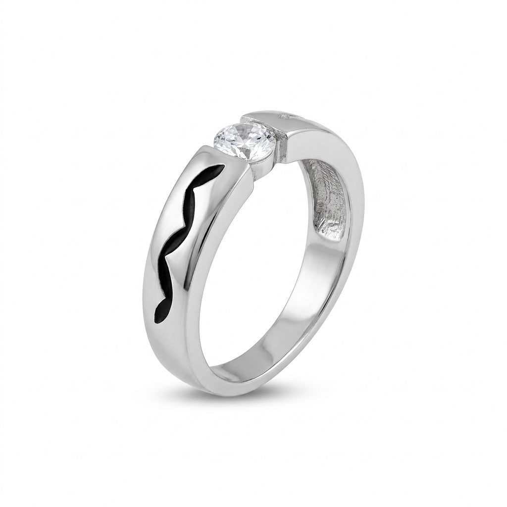  Silver Enamel Pattern Solitaire Ring