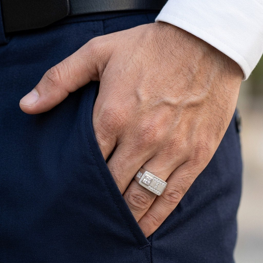 Silver Brushed Geometric Signet Ring