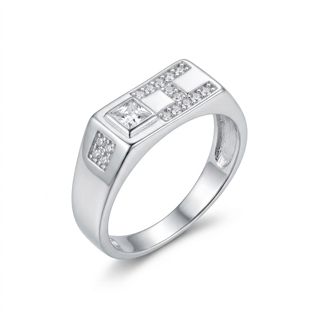 Silver Brushed Geometric Signet Ring