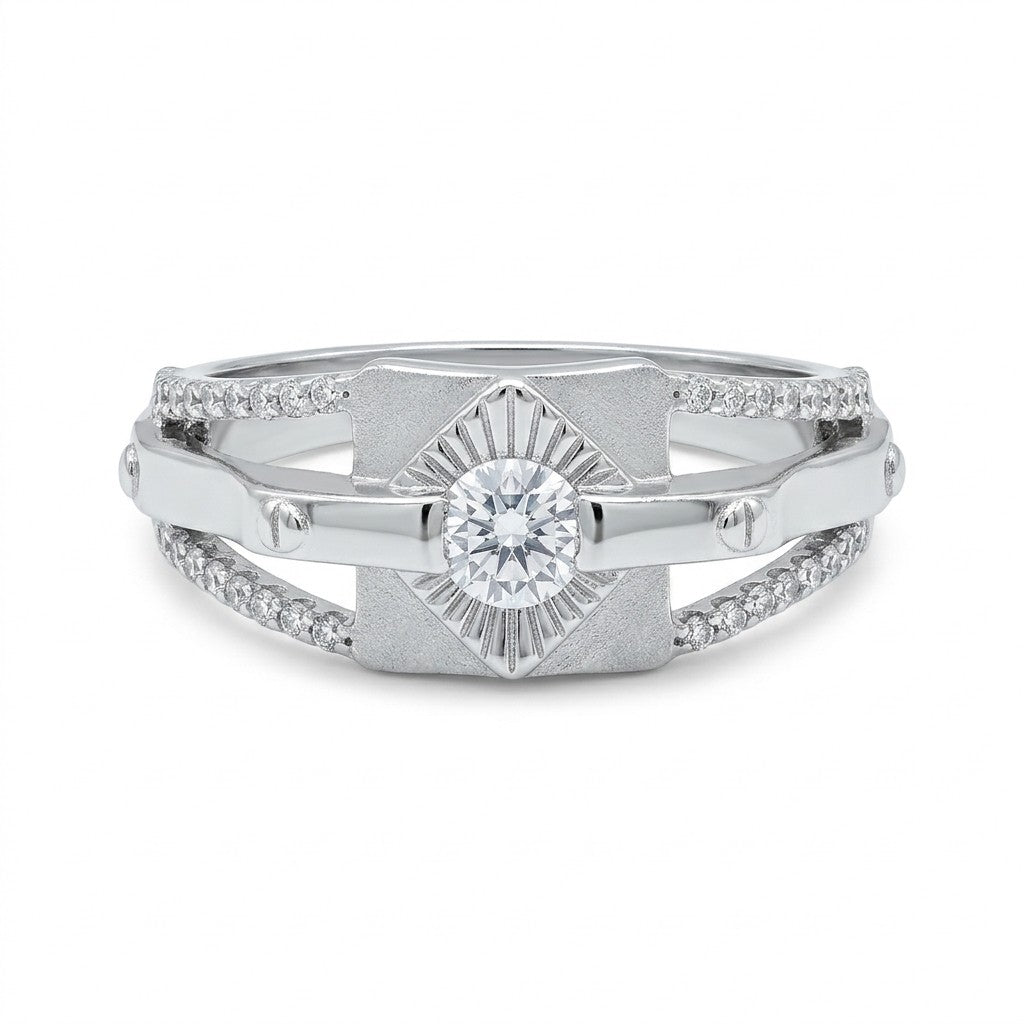 Silver Sunburst Pavé Geometric Ring