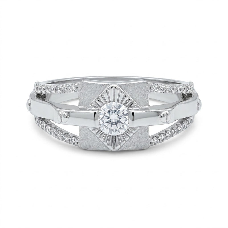 Silver Sunburst Pavé Geometric Ring