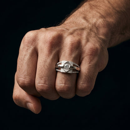 Silver Sunburst Pavé Geometric Ring