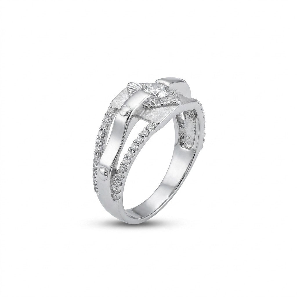 Silver Sunburst Pavé Geometric Ring