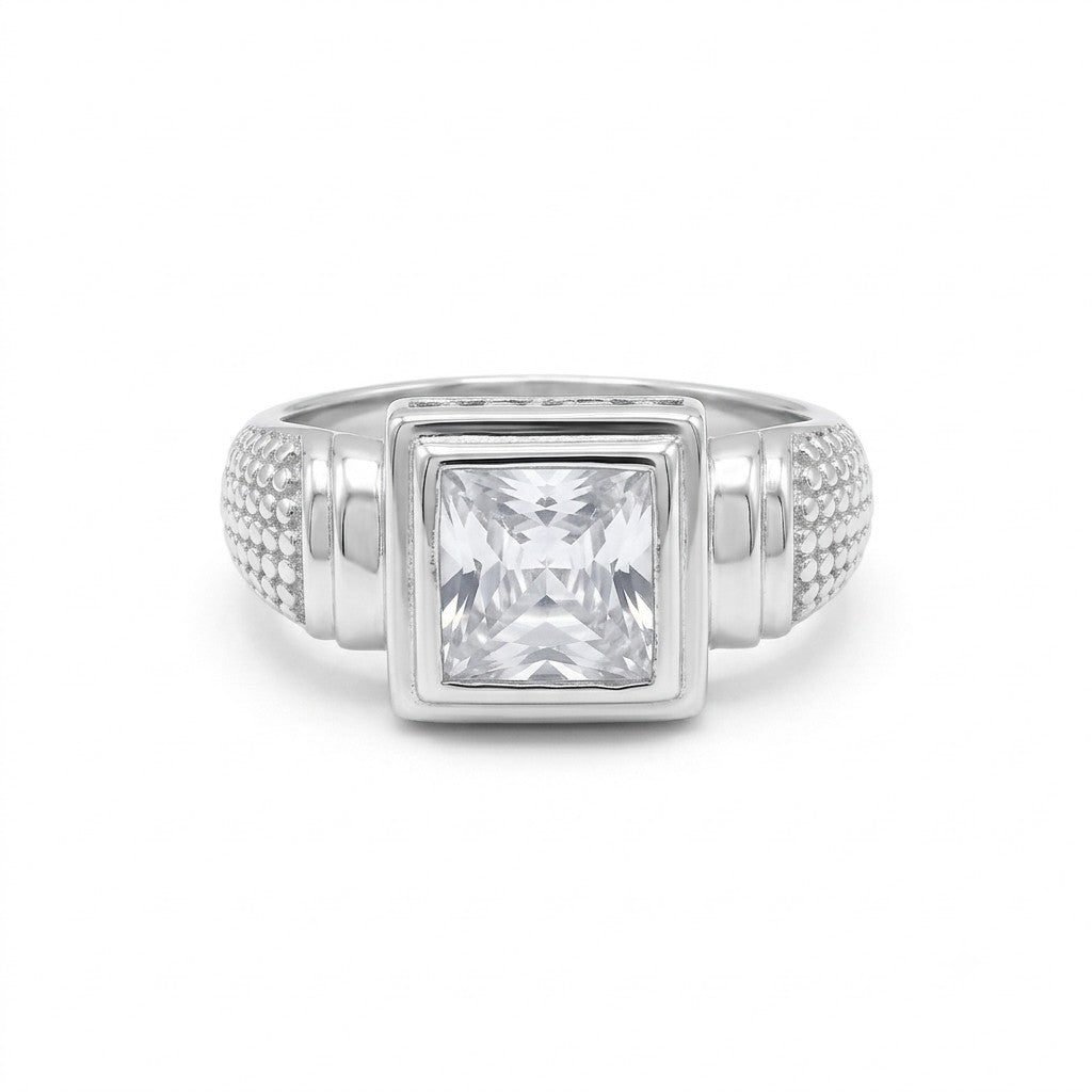 Silver Square Cushion Textured Ring