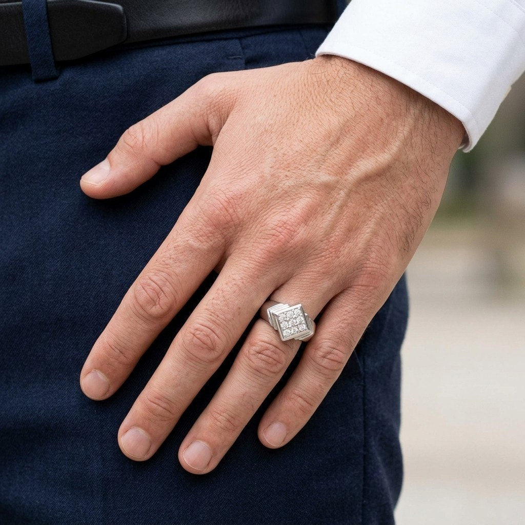 Silver Men's Geometric Cluster Ring