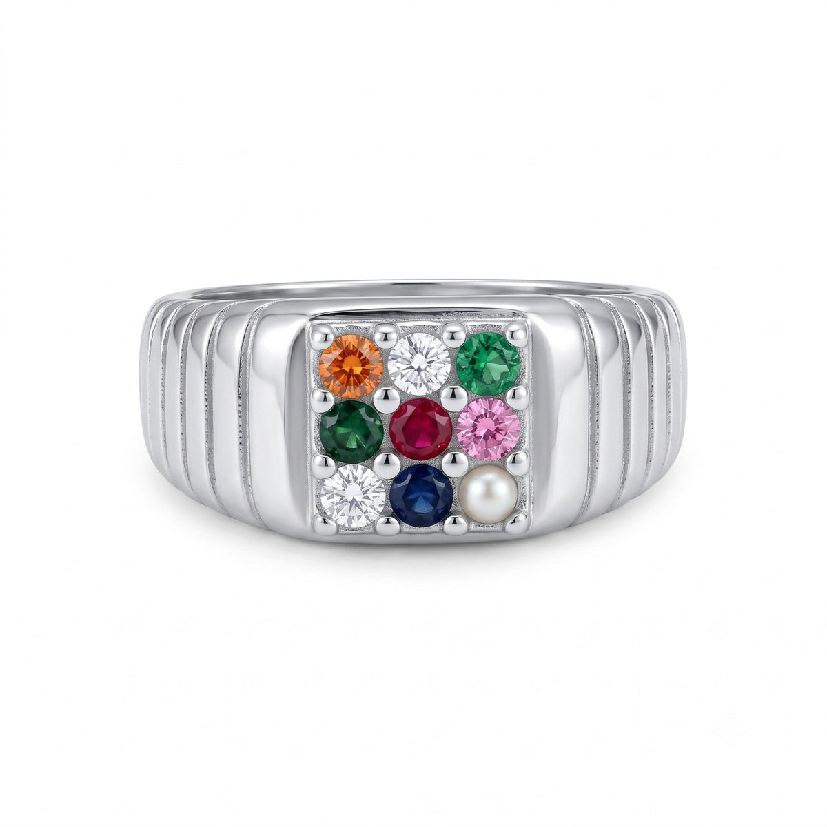 Silver Nine-Stone Grooved Ring