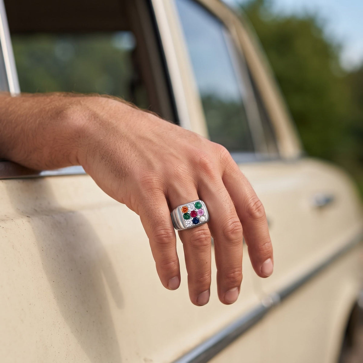 Silver Nine-Stone Grooved Ring