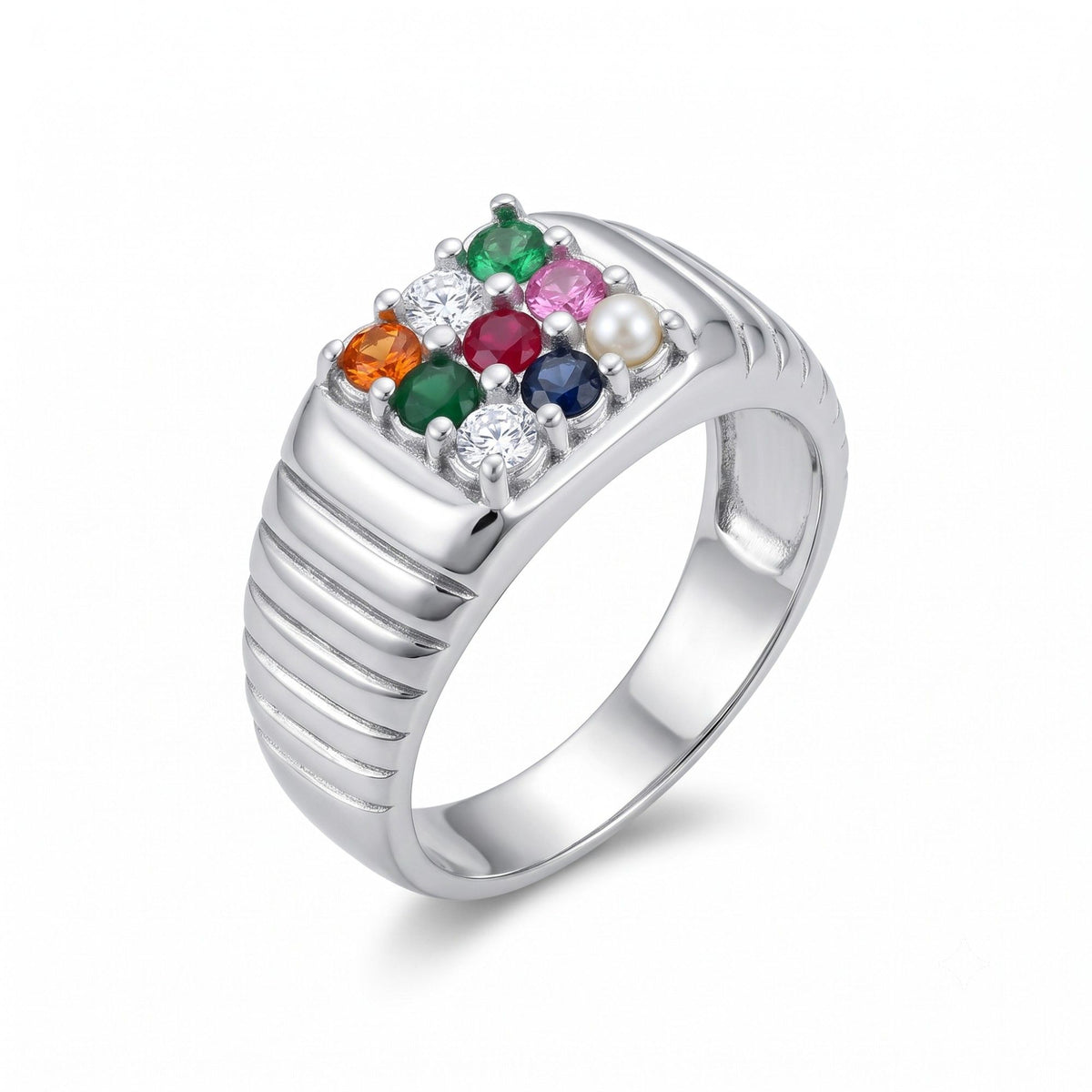 Silver Nine-Stone Grooved Ring